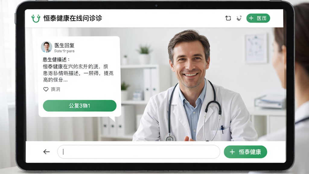 恒泰健康在线问诊页面,医生在线聊天界面,包含患者病情描述、医生回复卡片,底部输入框,界面采用白色背景,绿色按钮,整体风格干净整洁,画质清晰,无多余元素
