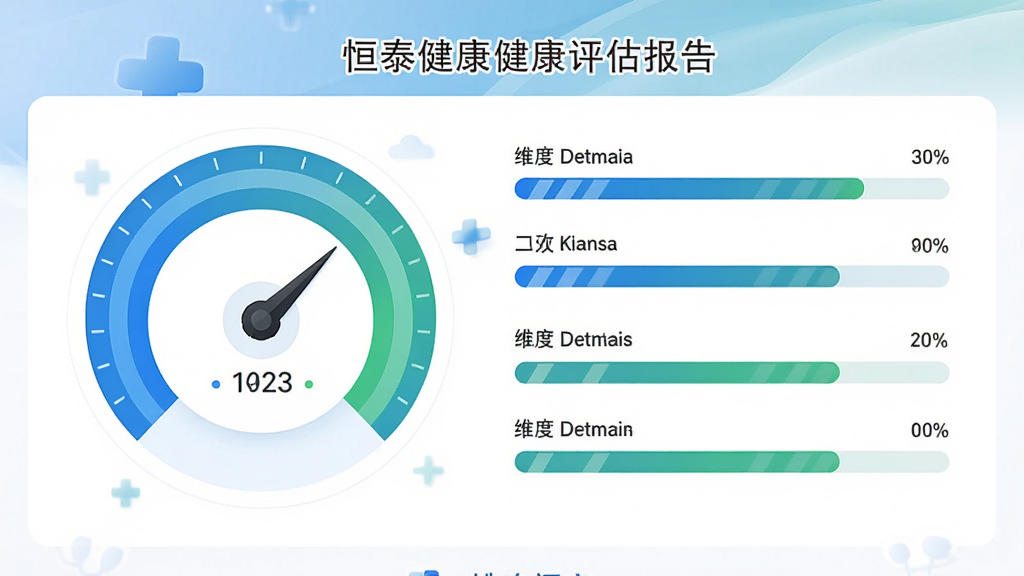 恒泰健康健康评估报告页面,圆形评分仪表盘,四大维度进度条,配色以蓝色和绿色为主,界面布局规整,信息层级分明,风格清新简洁,画质高清,无多余元素