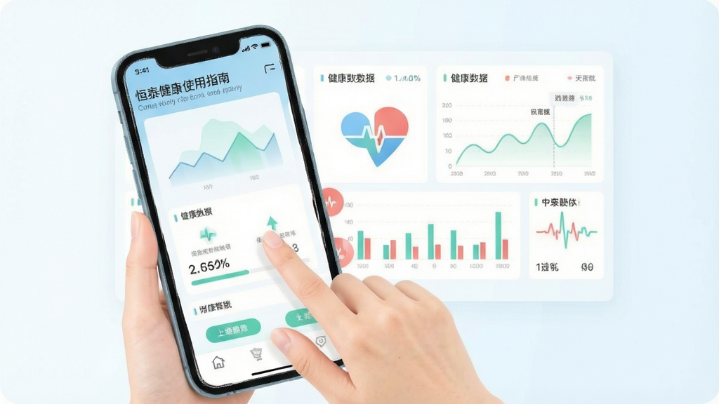 恒泰健康使用指南插图,手机操作界面示意图,用户手指点击屏幕,背景为健康数据图表,整体风格清新简约,画质清晰,无多余元素