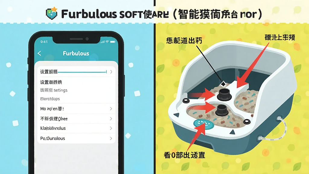 һ��Furbulous����ʹ�ý̵̳Ĳ�ͼ�������Ϊ���������֣�������ֻ�App�ġ����á�ҳ���ͼ���Ҳ�������èɰ���Ӳ���ṹʾ�⣬�ú�ɫ��ͷ��ע��Ӧ��λ�ã�������Ϊ��ƽ���廭��ɫ����������ע����������������Furbulous�����������ʸɾ���