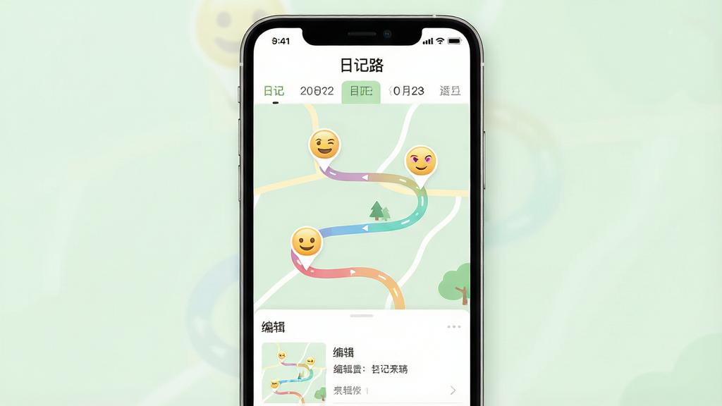 一张手机APP展示界面的高清图片,主体是“日记路”APP的首页截图,布局清晰展示顶部日期导航栏、中间一条蜿蜒的彩色路线图,路线上分布着几个带有表情图标的标记点,下方是简洁的图文编辑区域。排版采用上下结构,风格清新简约,以白色和淡绿色为主色调,细节上突出路线的流畅感和图标的表情细节。画质细腻柔和,干净无多余元素。