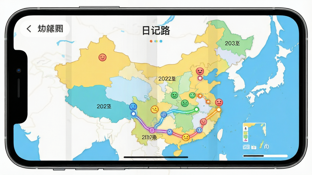 一张手机横屏展示的“日记路”APP路线回顾功能图,主体是屏幕上一幅展开的中国地图,上面有一条高亮显示的彩色轨迹线,轨迹上分布着多个带日期的小圆点。布局是全景地图模式,排版注重轨迹线的连贯性和视觉引导。风格偏向扁平化插画风,色彩明快,细节包括不同颜色标记的心情表情。画质清晰干净,无多余元素。