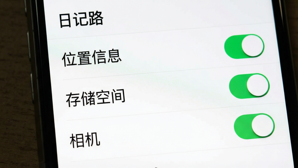 一张手机应用权限设置的截图,主体是手机屏幕,上面显示“日记路”的权限列表,包括“位置信息”、“存储空间”和“相机”选项,每个选项右边都有开关按钮。布局清晰,排版整齐。风格为系统界面风格,背景为白色,字体为黑色。细节上,开关按钮处于开启状态为绿色。画质清晰,干净无多余元素。