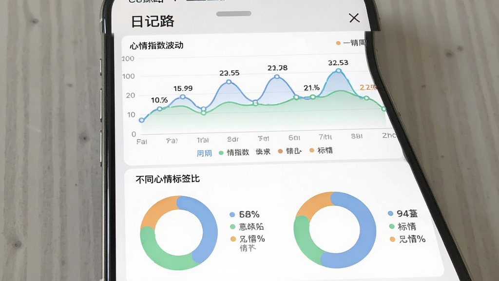 一张“日记路”APP的统计数据截图,主体是手机竖屏展示,布局为上方是折线图,下方是彩色环形图。折线图展示一周内心情指数的波动,环形图展示不同心情标签的比例。风格为数据可视化风格,配色柔和,主要包含蓝色、绿色和橙色。细节上,每个图表都有清晰的数字标注和图例说明。画质干净整洁,无多余元素。