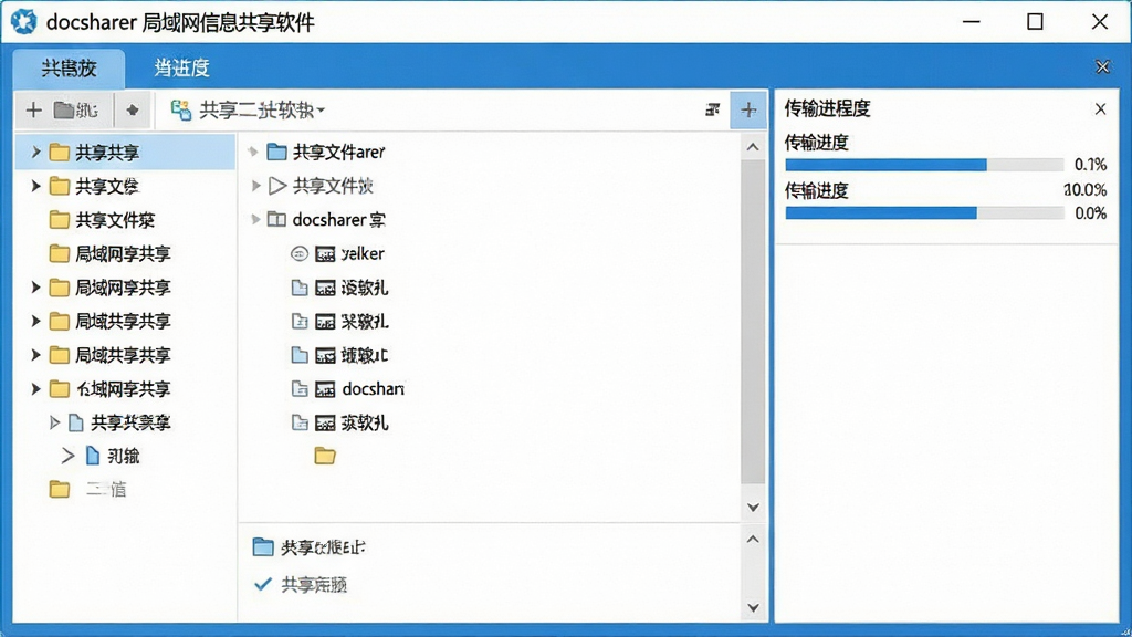 一张展示docsharer局域网信息共享软件主界面的截图,界面布局清晰,左侧为共享文件夹列表,右侧为传输进度面板,整体风格简洁明亮,色彩以蓝白为主,包含软件名称“docsharer局域网信息共享软件”字样,画质清晰,干净无多余元素
