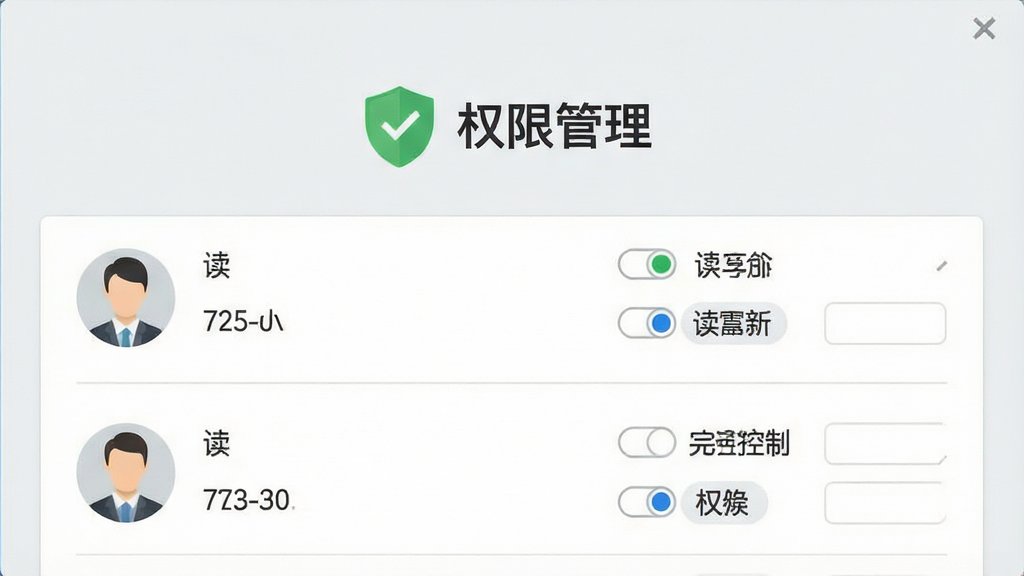 一张展示docsharer局域网信息共享软件权限管理界面的截图,界面中显示多个用户头像和对应的权限选项,包括只读、读写、完全控制等,背景为浅灰色,带有绿色安全盾牌图标,文字“权限管理”清晰可见,整体风格商务简洁,画质干净,无多余元素