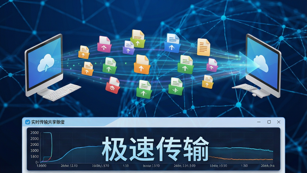 一张动态效果图,展示docsharer局域网信息共享软件正在高速传输多个文件,文件以彩色图标形式从一台电脑飞向另一台电脑,背景为抽象的蓝色网络线条,界面下方显示实时传输速度曲线,文字标签“极速传输”清晰可见,整体风格科技感强,画质干净,无多余元素