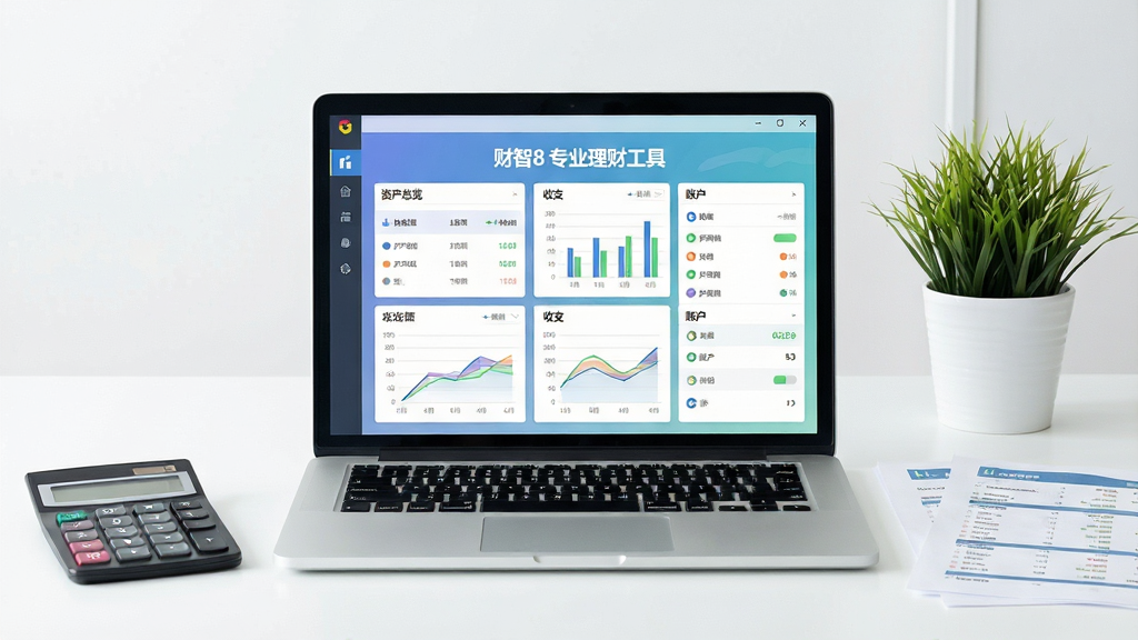 一幅现代简约风格的办公桌场景,桌上摆放着一台笔记本电脑,屏幕中显示“财智8 专业理财工具”的软件界面,界面清晰展示资产总览、收支图表和账户列表,周围有计算器、财务报表和绿色植物,整体色调明亮清新,布局整洁,画质高清,干净无多余元素