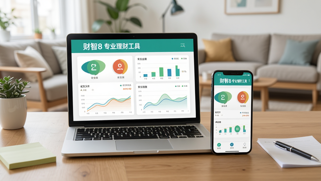 一台笔记本电脑和一部手机并排放在木质桌面上,屏幕中均显示“财智8 专业理财工具”的记账界面,界面有收支分类图标和统计图表,旁边有便签纸和笔,背景为明亮的客厅,光线充足,画面写实,画质清晰,干净无多余元素