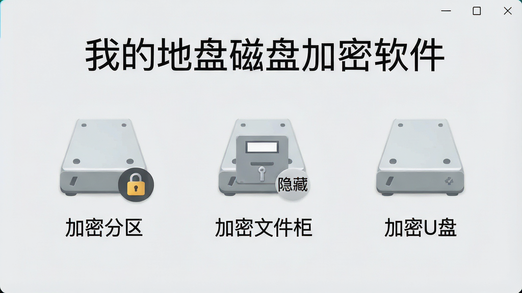 主体:电脑桌面显示三个磁盘图标,分别标注“加密分区”、“加密文件柜”、“加密U盘”。布局:三个图标横向排列,每个图标下方有对应名称。排版:图标上方有“我的地盘磁盘加密软件”标题,背景为浅灰色。风格:简洁、图标化。细节:加密图标带有锁头小标,文件柜图标有“隐藏”字样。画质:干净、色彩柔和、无多余元素。