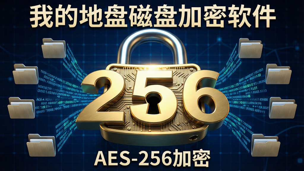 主体:一个大型金色锁头与数字“256”结合,周围环绕数据流。布局:锁头居中,数据流从锁孔流向四周的文件夹图标。排版:锁头上方有“我的地盘磁盘加密软件”字样,下方显示“AES-256加密”。风格:科技、金属质感。细节:锁头表面有电路纹理,背景为深蓝色科技网格。画质:高清晰度、光影效果强、无多余元素。