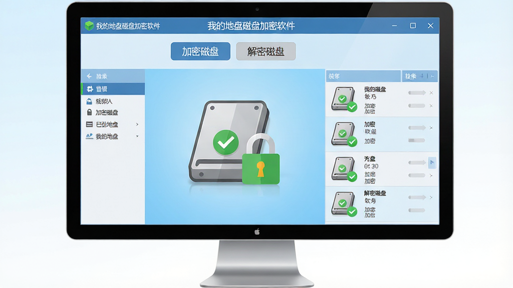 主体:一台现代台式电脑显示器上展示“我的地盘磁盘加密软件”的主界面,界面中有一个醒目的加密磁盘图标,旁边有锁形标识。布局:电脑居中,屏幕内容清晰可见,界面简洁,左侧功能栏,右侧磁盘列表。排版:屏幕内界面元素整齐排列,标题栏显示“我的地盘磁盘加密软件”,下方有“加密磁盘”、“解密磁盘”按钮。风格:科技感、干净、扁平化设计。细节:屏幕中磁盘图标带有绿色对勾表示已加密,背景为浅蓝色渐变。画质:高清、明亮、无多余元素。
