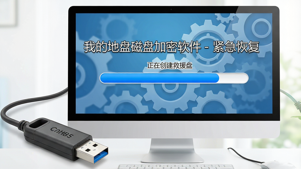 主体:一个USB闪存盘连接到电脑,屏幕上显示“正在创建救援盘”进度条。布局:U盘位于左下角,电脑屏幕居中,进度条醒目。排版:屏幕上有“我的地盘磁盘加密软件 - 紧急恢复”字样。风格:写实、明亮。细节:进度条为蓝色,背景有齿轮图标。画质:高清、无多余元素。