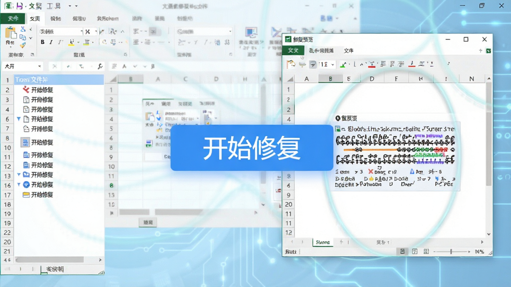 一张展示Excel表格乱码修复工具主界面的电脑截图,界面风格简洁现代,左侧为文件列表,右侧为修复预览窗口,中间有醒目的“开始修复”按钮,背景为浅蓝色科技感氛围,画质清晰,无多余元素