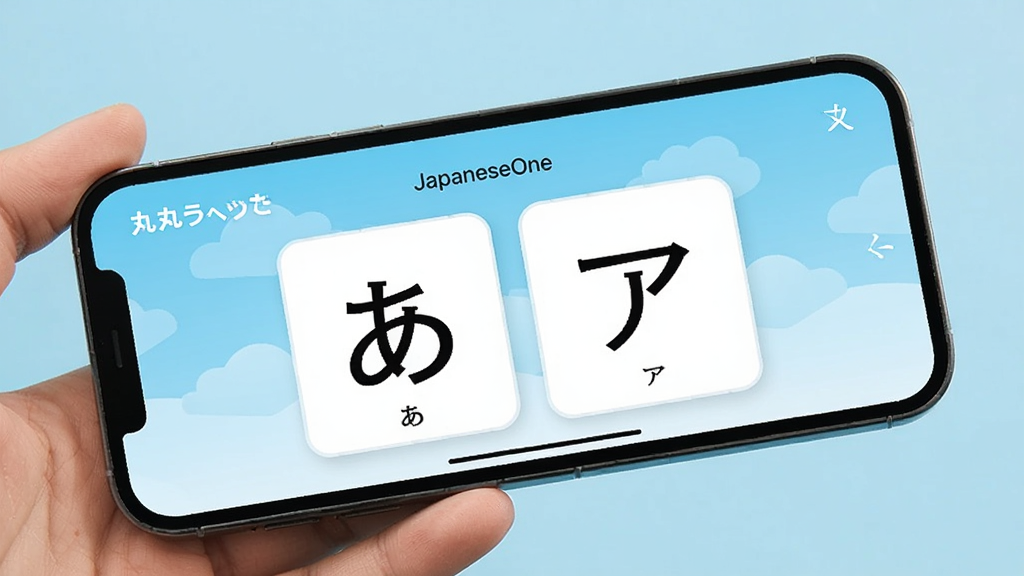 日语丸(JapaneseOne)在手机上使用的场景图,手机横屏显示单词学习界面,界面有“あ”和“ア”假名卡片,背景为浅蓝色,画面干净,主体突出,画质高清