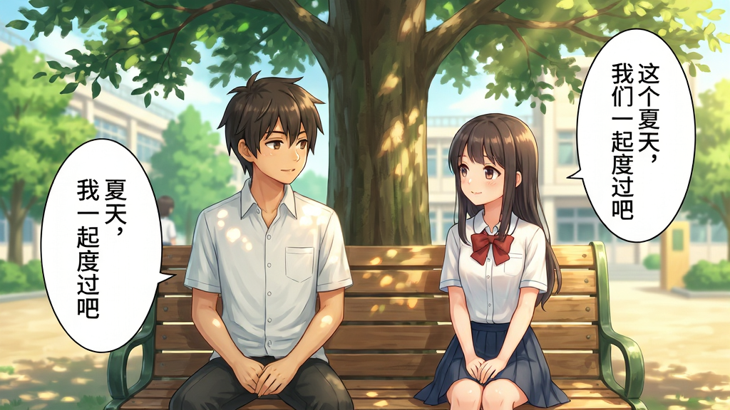 主体:夏日彼方游戏剧情对话场景,主角与一位少女在树荫下交谈。布局:两人坐在长椅上,背景是夏日校园与绿荫。排版:人物居中,对话气泡在画面两侧。风格:清新动漫风,色调温暖明亮。细节:人物表情自然,树叶光影斑驳,气泡内文字为“这个夏天,我们一起度过吧”。画质:精细,柔和,干净无多余元素。