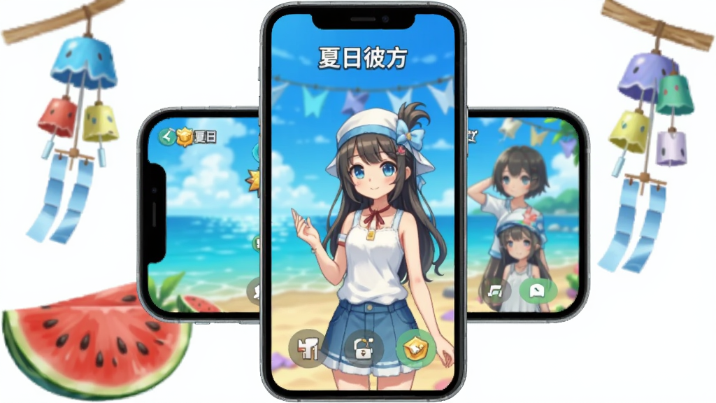 主体:夏日彼方游戏在手机上的运行画面,展示主界面与角色立绘。布局:手机位于画面中央,屏幕内显示游戏画面。排版:手机两侧有夏日元素装饰(西瓜、风铃)。风格:清新简洁。细节:屏幕中角色立绘清晰,UI布局合理。画质:高清,干净无多余元素。