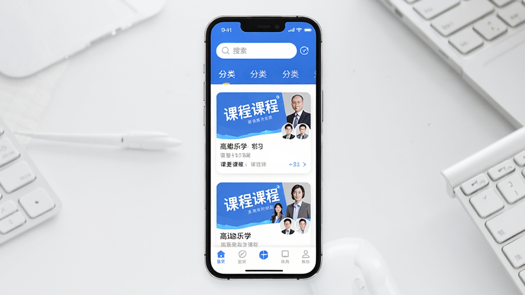 高途乐学APP界面预览图,主体为手机屏幕展示学习课程列表,布局清晰,上方为搜索栏和分类标签,中间为课程卡片,下方为底部导航栏,整体风格简洁现代,以蓝色和白色为主色调,细节包含课程封面和教师头像,画质高清,干净,无多余元素