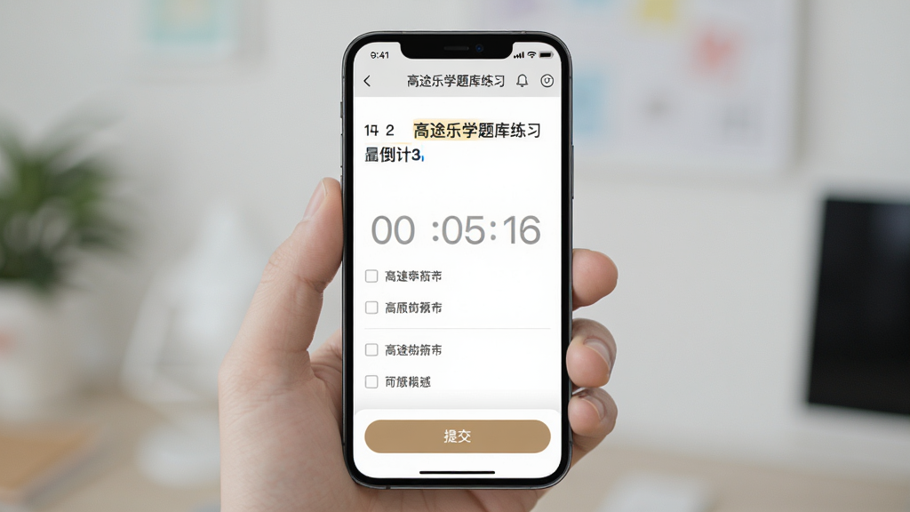 高途乐学题库练习界面,主体为手机屏幕显示练习题和选项,布局为题目上方,选项下方,底部有提交按钮,风格简洁,细节包含题目编号和倒计时,画质干净,无多余元素