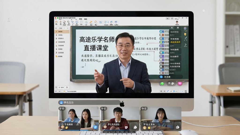 高途乐学名师直播课堂场景,主体为电脑屏幕显示老师正在授课,屏幕上有课件和互动弹幕,布局为课堂画面居中,下方有学生互动区域,风格写实,细节包含老师表情和课件内容,画质清晰,干净,无多余元素