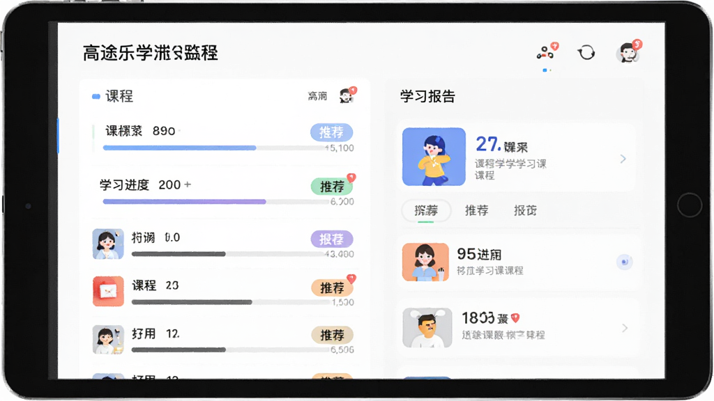 高途乐学智能学习路径图,主体为平板电脑展示学习进度和推荐课程,布局为左侧课程列表右侧学习报告,风格扁平化,细节包含进度条和推荐标签,画质干净,无多余元素
