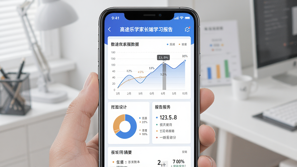 高途乐学家长端学习报告,主体为手机屏幕显示数据图表和报告摘要,布局为折线图、饼图等图表排列,风格商务,细节包含数据标签和百分比,画质清晰,干净,无多余元素