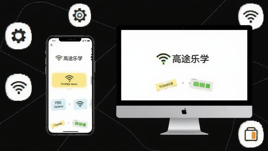 高途乐学使用指南图解,主体为手机和电脑并排展示,周围有设置图标和网络图标,布局为左右结构,风格极简,细节包含WiFi标志和存储空间图标,画质干净,无多余元素