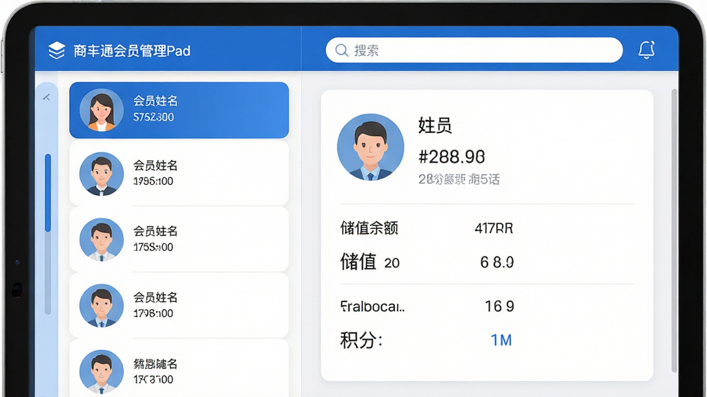 主体:商卡通会员管理Pad的会员档案界面,左侧为会员头像列表,右侧显示详细资料卡片。布局:平板横屏展示,界面分为左右两栏,左侧列表可滚动,右侧详情面板。排版:卡片式设计,信息层级分明,头像圆形排列。风格:扁平化UI设计风格,主色调为蓝色和白色,简洁大方。细节:会员姓名、电话、储值余额、积分数量等字段清晰可见,顶部搜索框高亮。画质:高清矢量质感,界面干净,无多余元素