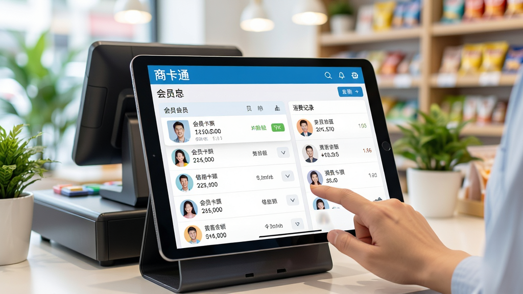 主体:商卡通会员管理Pad软件界面在平板电脑上展示,背景是明亮的实体店铺收银台,画面中央是软件主界面,显示会员列表与消费记录。布局:平板位于画面黄金分割点,界面内容清晰可辨,四周有绿植和柔和灯光点缀。排版:前景平板,中景收银设备,背景货架,层次分明。风格:写实商业摄影风格,干净明亮,色彩饱和度高。细节:屏幕上有“商卡通”字样和会员头像、储值余额等元素,店员手指轻触屏幕。画质:8K超清,细节丰富,干净,无多余元素