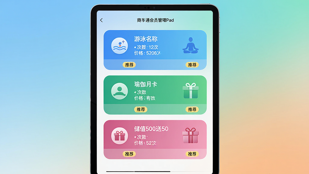 主体:商卡通会员管理Pad的套餐设置页面,展示多个卡片样式的计次方案。布局:平板竖屏显示,页面从上到下排列三张不同颜色的套餐卡片。排版:卡片圆角设计,每个卡片包含项目名称、次数、价格和有效期,底部有“推荐”标签。风格:清新商务风,渐变色背景,图标简洁明了。细节:卡片上标有“游泳卡12次”、“瑜伽月卡”、“储值500送50”等字样。画质:高清渲染,干净,无多余元素