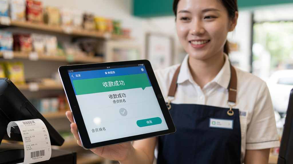 主体:一位店员手持平板电脑在店铺内使用商卡通会员管理Pad,屏幕显示收银成功界面。布局:画面中心是平板,店员半身入镜,背景是模糊的店铺环境。排版:平板倾斜角度展示,屏幕内容清晰可见,店员面带微笑。风格:纪实摄影风格,自然光线,生活化场景。细节:屏幕上显示“收款成功”和会员姓名,旁边有打印小票。画质:高清,干净,无多余元素