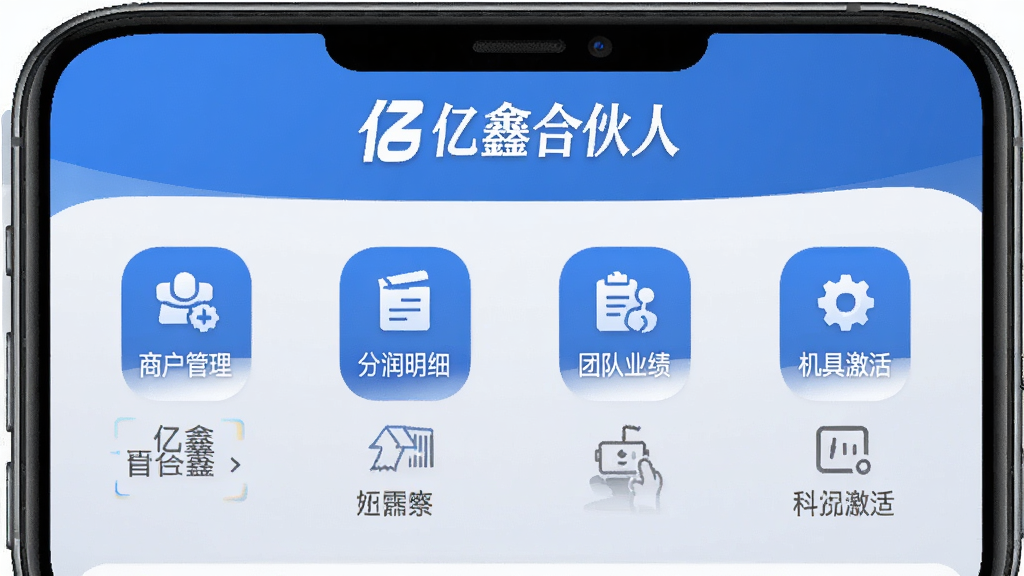 图片展示亿鑫合伙人App在手机上的主界面,界面风格简约商务,以蓝色为主色调,顶部显示“亿鑫合伙人”文字Logo,下方排列着“商户管理”、“分润明细”、“团队业绩”、“机具激活”四个功能图标,背景为浅灰色渐变,整体布局清晰,画质高清,干净无多余元素