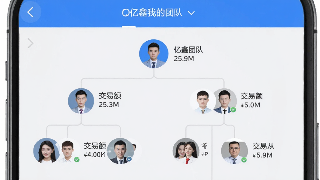 图片展示亿鑫合伙人App团队管理页面,手机屏幕显示树状结构图,顶端是“我的团队”,下方分支出多个成员头像,每个头像旁有交易额数字,背景为浅灰色,整体设计扁平化,色调以蓝色和白色为主,画质干净,无多余元素