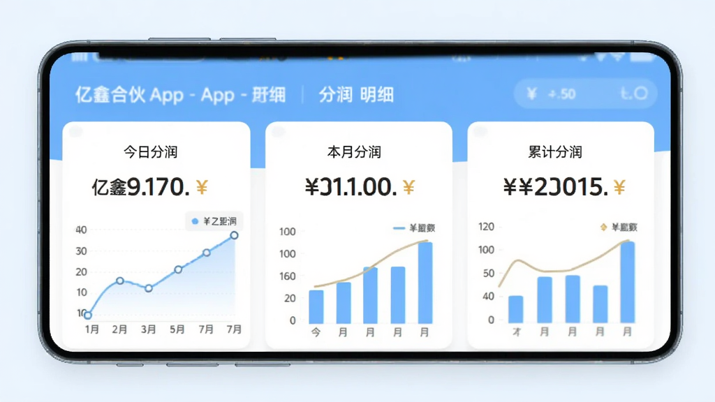 图片展示亿鑫合伙人App分润明细页面,屏幕上有折线图和柱状图,显示“今日分润”、“本月分润”、“累计分润”数字,数字旁边有人民币符号,背景为白色卡片风格,整体色调浅蓝,数据清晰,画质高清,干净无多余元素