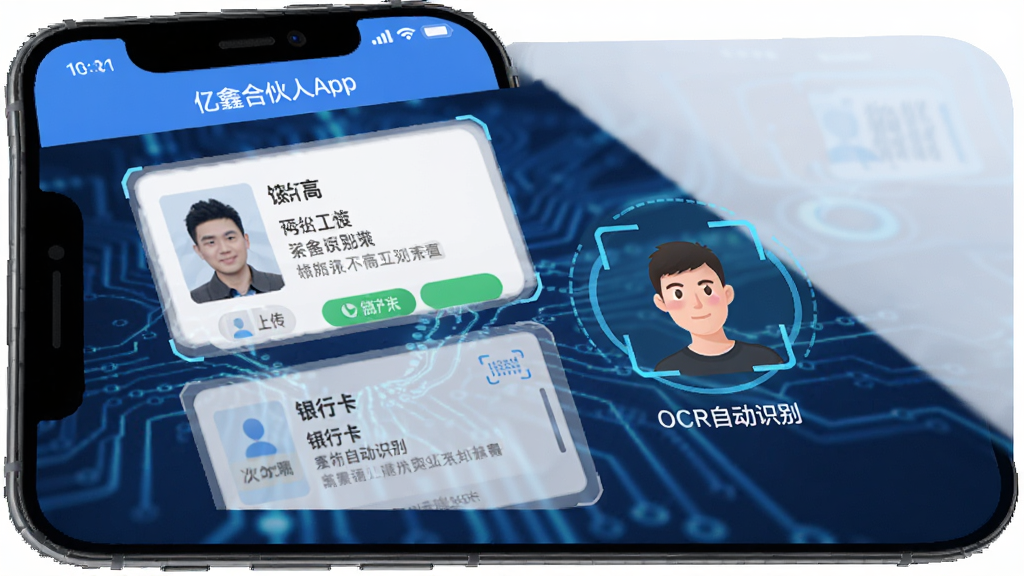 图片展示亿鑫合伙人App中商户进件操作页面,手机屏幕上有身份证上传框、银行卡识别区域、人脸识别圆圈图标,旁边有“OCR自动识别”文字标识,背景为蓝色科技感光效,整体布局简洁明了,画质清晰,干净无多余元素