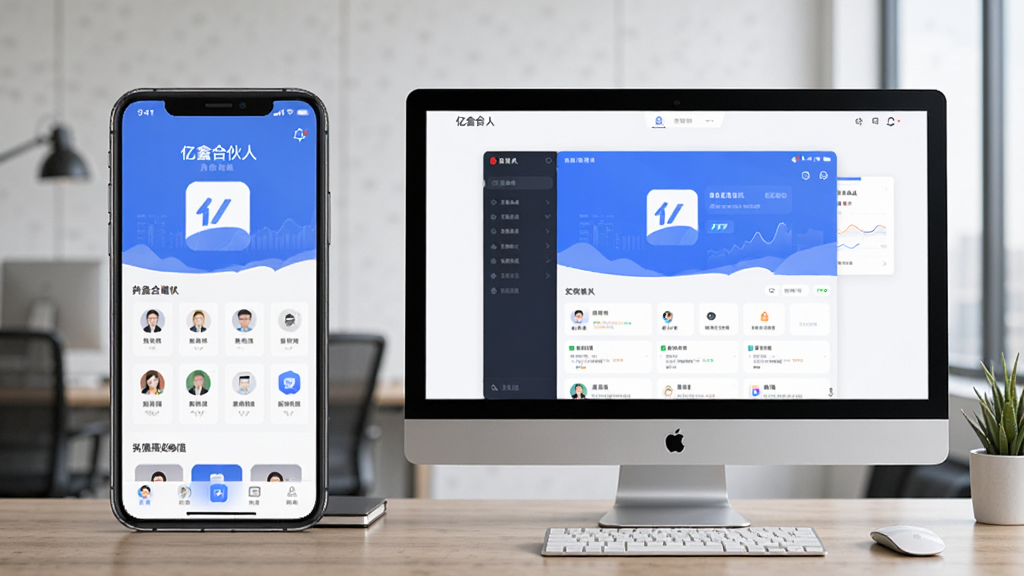 图片展示亿鑫合伙人App在手机和电脑模拟器上同时运行的效果,左侧是手机屏幕,右侧是电脑显示器屏幕,两个屏幕均显示App主界面,背景为办公桌,整体氛围专业,画质清晰,干净无多余元素