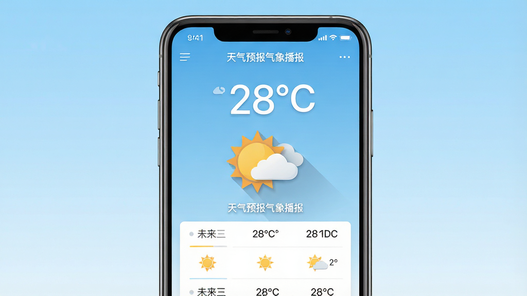 主体:手机屏幕展示天气预报气象播报应用界面,显示晴天图标和28℃温度。布局:手机居中,屏幕内容清晰可见,背景为淡蓝色渐变天空。排版:应用界面简洁,顶部显示城市名,中部为大号温度数字和天气图标,下方为未来三天预报列表。风格:扁平化设计,色彩清新明快。细节:屏幕上显示“天气预报气象播报”字样,天气图标带有轻微阴影。画质:高清,干净,无多余元素。