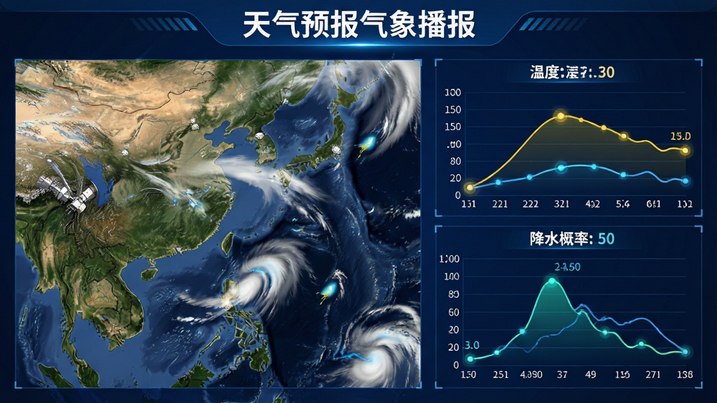 主体:气象卫星云图与数据图表叠加。布局:左侧为卫星云图,右侧为温度曲线和降水概率图表。排版:图表线条清晰,数据标注精确,顶部有“天气预报气象播报”字样。风格:专业科技感,深蓝背景。细节:云图动态流动,数据点闪烁。画质:高清,干净,无多余元素。