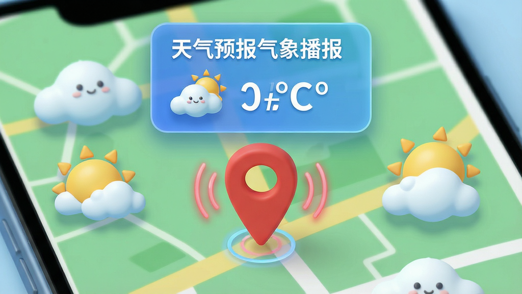 主体:手机地图上显示定位标记,周围有云层和太阳图标。布局:地图占据背景,中央位置有红色定位针,上方悬浮天气信息卡片。排版:卡片内显示“天气预报气象播报”和当前温度,字体清晰。风格:科技感与卡通结合。细节:定位针带有脉冲动画效果,天气图标立体。画质:高清,干净,无多余元素。