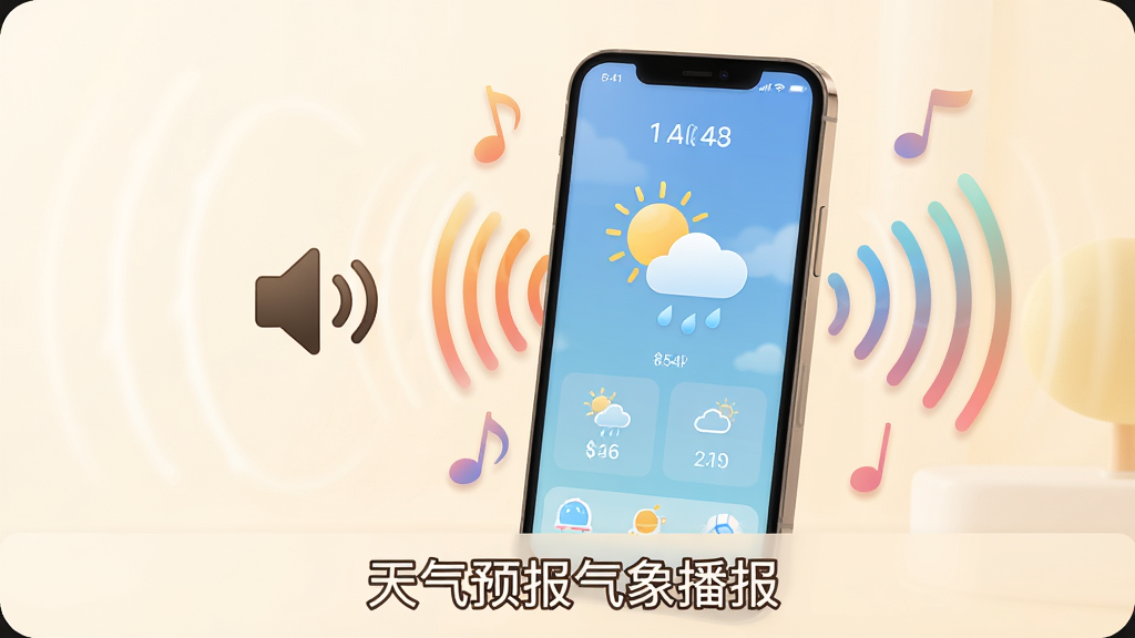 主体:手机旁边有扬声器图标,声波扩散。布局:手机屏幕显示天气界面,周围环绕音符和声波线条。排版:界面简洁,声波动画柔和,底部有“天气预报气象播报”文字。风格:温馨实用风格。细节:声波线条渐变色,手机屏幕显示晴雨图标。画质:高清,干净,无多余元素。