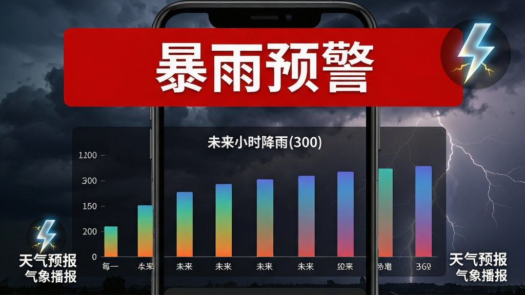 主体:手机屏幕显示红色暴雨预警横幅,背景有乌云闪电。布局:预警横幅占据屏幕上方,下方为未来小时降雨量图表。排版:预警文字醒目,图表柱状图颜色渐变。风格:严肃醒目风格。细节:屏幕角落有“天气预报气象播报”字样,闪电图标动态闪烁。画质:高清,干净,无多余元素。