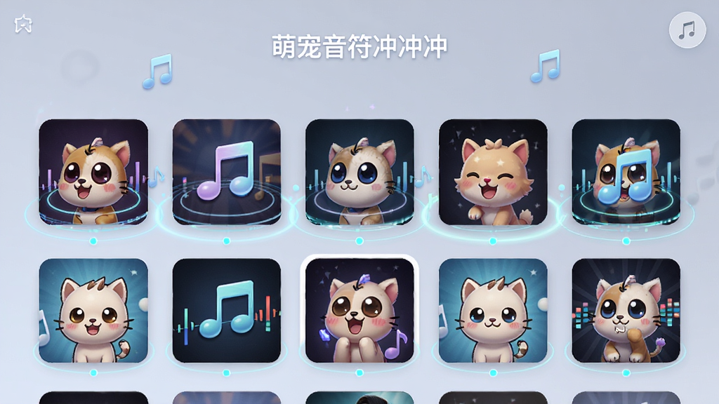 画面主体为萌宠音符冲冲冲游戏中的歌曲选择界面,显示多首歌曲封面缩略图,布局采用网格排列,排版清晰直观,风格为现代简约的UI设计,细节上突出音符与节奏光效,画质精致流畅,干净无多余元素,图片中不显示任何文字