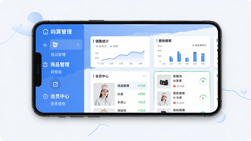 屿算店铺智慧管理软件主界面预览图,主体为手机端应用界面,展示商品管理、销售统计、会员中心等核心模块,布局清晰,采用蓝白主色调,扁平化设计风格,细节包含数据图表与商品列表,画质高清干净,无多余元素