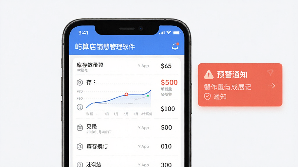 屿算店铺智慧管理软件库存管理功能展示图,主体为手机界面中的库存列表与预警通知,布局以上下结构呈现,排版简洁,风格写实,细节展示库存数量变化与预警标识,画质干净清晰,无多余元素