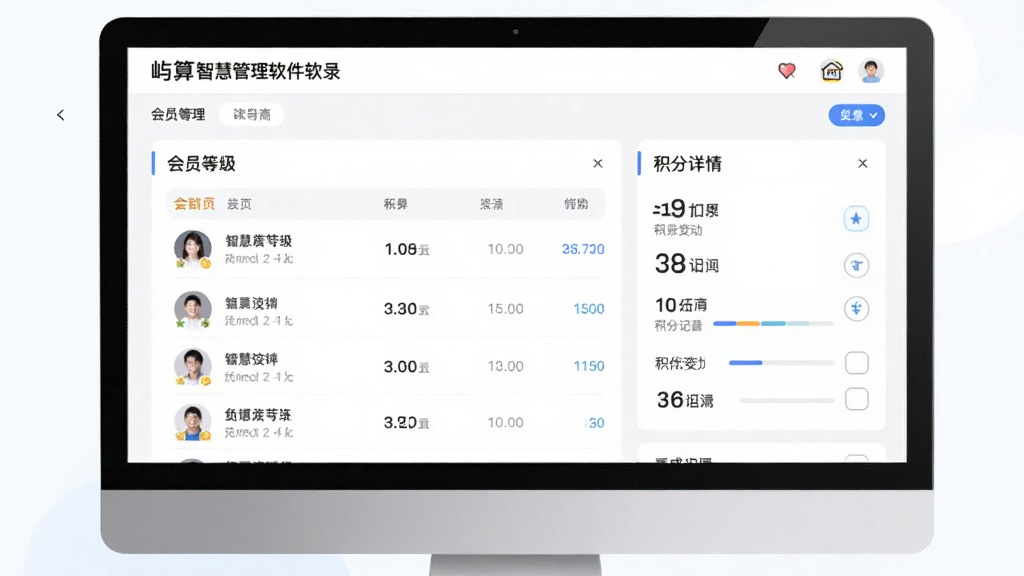 屿算店铺智慧管理软件会员管理页面图,主体为会员列表与积分详情,布局采用卡片式,排版清晰,风格清新,细节展示会员等级图标与积分变动记录,画质干净,无多余元素