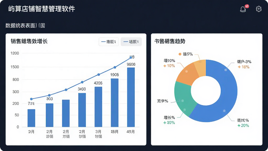 屿算店铺智慧管理软件销售报表界面图,主体为数据统计图表,包含柱状图与饼图,布局居中,排版专业,风格商务简约,细节标注销售额与增长趋势,画质高清,无多余元素