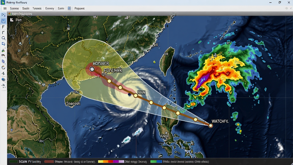 台风路径FY卫星云图软件中叠加显示台风路径和降雨雷达图层的效果,地图上可以看到台风路径线、降雨强度色块以及城市标注,图层半透明叠加,色彩丰富但不杂乱,界面底部有图例说明,整体风格专业清晰,画质细腻,干净无多余元素