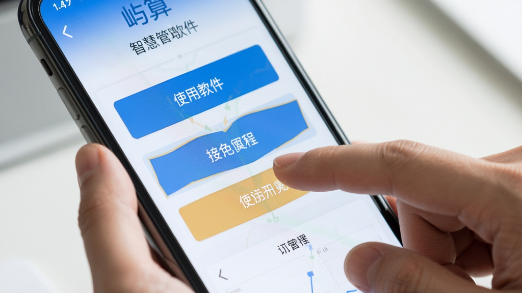 屿算店铺智慧管理软件使用教程示意图,主体为手机操作界面与用户手指点击动作,布局以特写镜头展示,排版简洁,风格实拍感,细节包括屏幕内菜单按钮,画质清晰干净,无多余元素