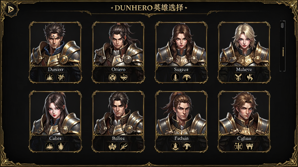 DunHero英雄选择界面,多个角色立绘排列展示,每个角色下方标注名称和职业图标,界面采用深色背景搭配金色边框,风格精致华丽,画面居中,画质高清,干净无多余元素