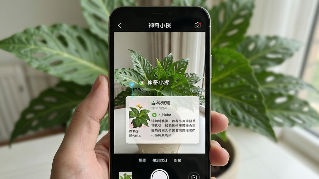 神奇小探软件智能识别功能的操作界面截图,手机摄像头对准一株绿色植物,屏幕上浮现出植物名称和百科资料卡片,界面清晰标注“神奇小探”字样,风格写实,画质高清,构图居中,无多余元素
